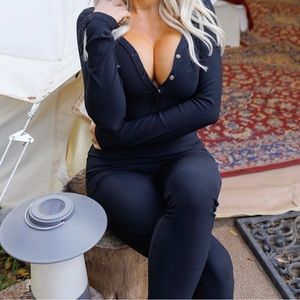 Salty Honey Black Ribbed One Piece Pajamas XL